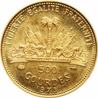 Haiti coin 500 Gourdes - The Mermaid (1973) reverse reverse of 500 Gourdes - The Mermaid (1973) coin with KM# 109 from Haiti. Inscription: LIBERTE EGALITE FRATERNITE 900 500 GOURDES 1973