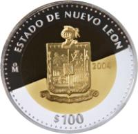 reverse of 100 Pesos - Nuevo León - Gold & Silver Proof Issue (2004) coin with KM# 811 from Mexico. Inscription: ESTADO DE NUEVO LEON Mo 2004 $100