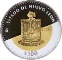 Mexico coin 100 Pesos - Nuevo León - Gold & Silver Proof Issue (2004) reverse reverse of 100 Pesos - Nuevo León - Gold & Silver Proof Issue (2004) coin with KM# 811 from Mexico. Inscription: ESTADO DE NUEVO LEON Mo 2004 $100