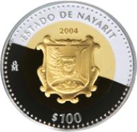 Mexico coin 100 Pesos - Nayarit - Gold & Silver Proof Issue (2004) reverse reverse of 100 Pesos - Nayarit - Gold & Silver Proof Issue (2004) coin with KM# 812 from Mexico. Inscription: ESTADO DE NAYARIT 2004 Mo $100