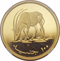 Sudan coin 100 Pounds - Conservation - Scmitar-horned Oryx (1976) reverse reverse of 100 Pounds - Conservation - Scmitar-horned Oryx (1976) coin with KM# 72 from Sudan. Inscription: 100 جنيه