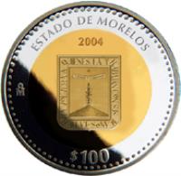 reverse of 100 Pesos - Morelos - Gold & Silver Proof Issue (2004) coin with KM# 813 from Mexico. Inscription: ESTADO DE MORELOS 2004 Mo $100