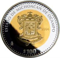 reverse of 100 Pesos - Michoacán - Gold & Silver Proof Issue (2004) coin with KM# 814 from Mexico. Inscription: ESTADO DE MICHOACAN DE OCAMPO 2004 Mo $100