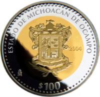Mexico coin 100 Pesos - Michoacán - Gold & Silver Proof Issue (2004) reverse reverse of 100 Pesos - Michoacán - Gold & Silver Proof Issue (2004) coin with KM# 814 from Mexico. Inscription: ESTADO DE MICHOACAN DE OCAMPO 2004 Mo $100