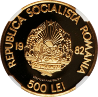Romania coin 500 Lei - 2050 years since the creation of the centralized and independent Dacian state (1982 - 1983) obverse obverse of 500 Lei - 2050 years since the creation of the centralized and independent Dacian state (1982 - 1983) coin with KM# 99 from Romania. Inscription: REPUBLICA SOCIALISTA ROMANIA 1982 900/1000 FINE GOLD 500 LEI