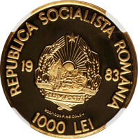 Romania coin 1000 Lei - 2050 years since the creation of the centralized and independent Dacian state (1983) obverse obverse of 1000 Lei - 2050 years since the creation of the centralized and independent Dacian state (1983) coin with KM# 101 from Romania. Inscription: REPUBLICA SOCIALISTA ROMÂNIA 1983 900/1000 FINE GOLD 1000 LEI
