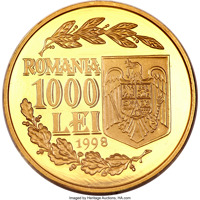 obverse of 1000 Lei - Anniversary of the 1 December 1918 Great Union (1998) coin with KM# 144 from Romania. Inscription: ROMANIA 1000 LEI 1998