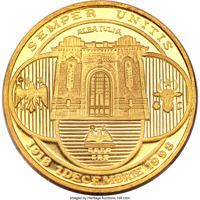 reverse of 1000 Lei - Anniversary of the 1 December 1918 Great Union (1998) coin with KM# 144 from Romania. Inscription: SEMPER UNITIS ALBA IULIA 1918 1 DECEMBRIE 1918