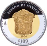 Mexico coin 100 Pesos - México - Gold & Silver Proof Issue (2004) reverse reverse of 100 Pesos - México - Gold & Silver Proof Issue (2004) coin with KM# 815 from Mexico. Inscription: ESTADO DE MEXICO Mo 2004 $100
