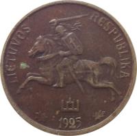 obverse of 10 Centų (1925) coin with KM# 73 from Lithuania. Inscription: LIETUVOS RESPUBLIKA 1925
