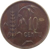 reverse of 10 Centų (1925) coin with KM# 73 from Lithuania. Inscription: 10 CENTŲ