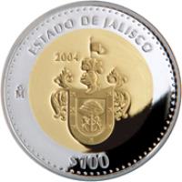Mexico coin 100 Pesos - Jalisco - Gold & Silver Proof Issue (2004) reverse reverse of 100 Pesos - Jalisco - Gold & Silver Proof Issue (2004) coin with KM# 816 from Mexico. Inscription: ESTADO DE JALISCO 2004 Mo $100