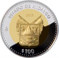 reverse of 100 Pesos - Hidalgo - Gold & Silver Proof Issue (2005) coin with KM# 817 from Mexico. Inscription: ESTADO DE HIDALGO 2005 Mo $100