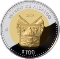 Mexico coin 100 Pesos - Hidalgo - Gold & Silver Proof Issue (2005) reverse reverse of 100 Pesos - Hidalgo - Gold & Silver Proof Issue (2005) coin with KM# 817 from Mexico. Inscription: ESTADO DE HIDALGO 2005 Mo $100