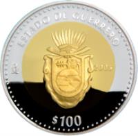 reverse of 100 Pesos - Guerrero - Gold & Silver Proof Issue (2005) coin with KM# 818 from Mexico. Inscription: ESTADO DE GUERRERO Mo 2005 $100