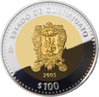 Mexico coin 100 Pesos - Guanajuato - Gold & Silver Proof Issue (2005) reverse reverse of 100 Pesos - Guanajuato - Gold & Silver Proof Issue (2005) coin with KM# 819 from Mexico. Inscription: ESTADO DE GUANAJUATO Mo 2005 $100
