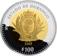 Mexico coin 100 Pesos - Durango - Gold & Silver Proof Issue (2005) reverse reverse of 100 Pesos - Durango - Gold & Silver Proof Issue (2005) coin with KM# 820 from Mexico. Inscription: ESTADO DE DURANGO Mo 2005 $100