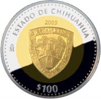 Mexico coin 100 Pesos - Chihuahua - Gold & Silver Proof Issue (2005) reverse reverse of 100 Pesos - Chihuahua - Gold & Silver Proof Issue (2005) coin with KM# 822 from Mexico. Inscription: ESTADO DE CHIHUAHUA 2005 Mo $100
