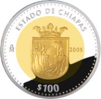 Mexico coin 100 Pesos - Chiapas - Gold & Silver Proof Issue (2005) reverse reverse of 100 Pesos - Chiapas - Gold & Silver Proof Issue (2005) coin with KM# 823 from Mexico. Inscription: ESTADO DE CHIAPAS Mo 2005 $100