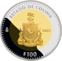 Mexico coin 100 Pesos - Colima - Gold & Silver Proof Issue (2005) reverse reverse of 100 Pesos - Colima - Gold & Silver Proof Issue (2005) coin with KM# 824 from Mexico. Inscription: ESTADO DE COLIMA Mo 2005 $100