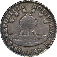 obverse of 8 Soles (1841 - 1848) coin with KM# A103 from Bolivia. Inscription: REPUBLICA BOLIVIANA PTS·8S·1848·R·