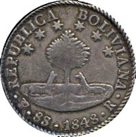 Bolivia coin 8 Soles (1841 - 1848) obverse obverse of 8 Soles (1841 - 1848) coin with KM# A103 from Bolivia. Inscription: REPUBLICA BOLIVIANA PTS·8S·1848·R·
