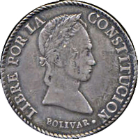 reverse of 8 Soles (1841 - 1848) coin with KM# A103 from Bolivia. Inscription: LIBRE POR LA CONSTITUCION· BOLIVAR