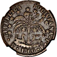 obverse of 4 Soles (1860) coin with KM# 139 from Bolivia. Inscription: REPUBLICA BOLIVIANA · PTS · 1860 · F · J ·