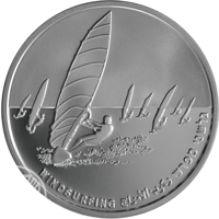 Israel coin 1 New Sheqel - Israel Olympic Delegation to the 2004 Olympic Games: Windsurfing (2004) reverse reverse of 1 New Sheqel - Israel Olympic Delegation to the 2004 Olympic Games: Windsurfing (2004) coin with KM# 383 from Israel. Inscription: WINDSURFING גלשני מפרש ركوب الأمواج