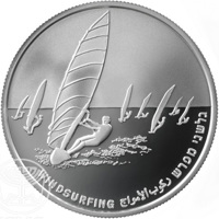 Israel coin 2 New Sheqalim - Israel Olympic Delegation to the 2004 Olympic Games: Windsurfing (2004) reverse reverse of 2 New Sheqalim - Israel Olympic Delegation to the 2004 Olympic Games: Windsurfing (2004) coin with KM# 384 from Israel. Inscription: WINDSURFING גלשני מפרש ركوب ألأمواج