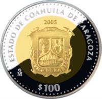 Mexico coin 100 Pesos - Coahuila - Gold & Silver Proof Issue (2005) reverse reverse of 100 Pesos - Coahuila - Gold & Silver Proof Issue (2005) coin with KM# 825 from Mexico. Inscription: ESTADO DE COAHUILA DE ZARAGOZA 2005 Mo $100