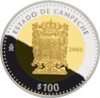 Mexico coin 100 Pesos - Campeche - Gold & Silver Proof Issue (2005) reverse reverse of 100 Pesos - Campeche - Gold & Silver Proof Issue (2005) coin with KM# 826 from Mexico. Inscription: ESTADO DE CAMPECHE Mo 2005 $100