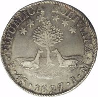 obverse of 4 Soles (1827 - 1829) coin with KM# 96 from Bolivia. Inscription: REPUBLICA BOLIVIANA · PTS · 4S · 1827 · J · M ·