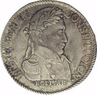 reverse of 4 Soles (1827 - 1829) coin with KM# 96 from Bolivia. Inscription: LIBRE POR LA CONSTITUCION· BOLIVAR