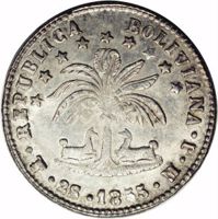 obverse of 2 Soles (1853 - 1859) coin with KM# 121 from Bolivia. Inscription: REPUBLICA BOLIVIANA · PTS · 2S · 1853 · M · J ·