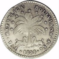 obverse of 2 Soles (1855 - 1856) coin with KM# 129 from Bolivia. Inscription: REPUBLICA BOLIVIANA · PAZ · 1855 · 2S · F ·