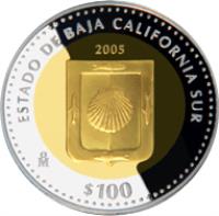 Mexico coin 100 Pesos - Baja California Sur - Gold & Silver Proof Issue (2005) reverse reverse of 100 Pesos - Baja California Sur - Gold & Silver Proof Issue (2005) coin with KM# 827 from Mexico. Inscription: ESTADO DE BAJA CALIFORNIA SUR 2005 Mo $100