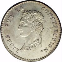 reverse of 2 Soles (1854) coin with KM# 126 from Bolivia. Inscription: LIBRE POR LA CONSTITUCION. BOLIVAR