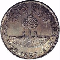Bolivia coin 2 Soles (1827 - 1829) obverse obverse of 2 Soles (1827 - 1829) coin with KM# 95 from Bolivia. Inscription: REPUBLICA BOLIVIANA · PTS · 2S · 1827 · J · M ·