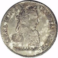 Bolivia coin 2 Soles (1827 - 1829) reverse reverse of 2 Soles (1827 - 1829) coin with KM# 95 from Bolivia. Inscription: LIBRE POR LA CONSTITUCION. BOLIVAR