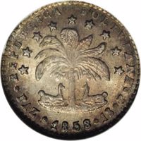 obverse of 1 Sol (1857 - 1859) coin with KM# 131 from Bolivia. Inscription: REPUBLICA BOLIVIANA · PAZ · 1858 · 1S · P ·