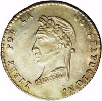 reverse of 1 Sol (1857 - 1859) coin with KM# 131 from Bolivia. Inscription: LIBRE POR LA CONSTITUCION. BOLIVAR