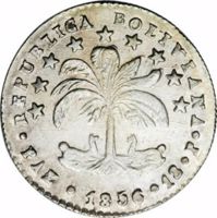 obverse of 1 Sol (1855 - 1856) coin with KM# 128 from Bolivia. Inscription: REPUBLICA BOLIVIANA · PAZ · 1856 · 1S · P ·