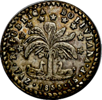 obverse of 1 Sol (1855) coin with KM# 120 from Bolivia. Inscription: REPUBLICA BOLIVIANA · PAZ · 1855 · 1S · P ·