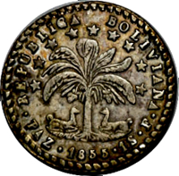 Bolivia coin 1 Sol (1855) obverse obverse of 1 Sol (1855) coin with KM# 120 from Bolivia. Inscription: REPUBLICA BOLIVIANA · PAZ · 1855 · 1S · P ·