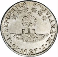 Bolivia coin 1 Sol (1827 - 1829) obverse obverse of 1 Sol (1827 - 1829) coin with KM# 94 from Bolivia. Inscription: REPUBLICA BOLIVIANA · PTS · 1S · 1827 · J · M ·