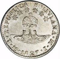 obverse of 1 Sol (1827 - 1829) coin with KM# 94 from Bolivia. Inscription: REPUBLICA BOLIVIANA · PTS · 1S · 1827 · J · M ·