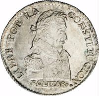 reverse of 1 Sol (1827 - 1829) coin with KM# 94 from Bolivia. Inscription: LIBRE POR LA CONSTITUCION. BOLIVAR