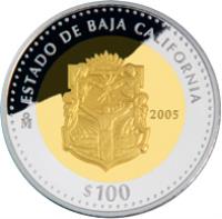 Mexico coin 100 Pesos - Baja California - Gold & Silver Proof Issue (2005) reverse reverse of 100 Pesos - Baja California - Gold & Silver Proof Issue (2005) coin with KM# 828 from Mexico. Inscription: ESTADO DE BAJA CALIFORNIA Mo 2005 $100