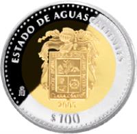Mexico coin 100 Pesos - Aguascalientes - Gold & Silver Proof Issue (2005) reverse reverse of 100 Pesos - Aguascalientes - Gold & Silver Proof Issue (2005) coin with KM# 829 from Mexico. Inscription: ESTADO DE AGUASCALIENTES Mo 2005 $100